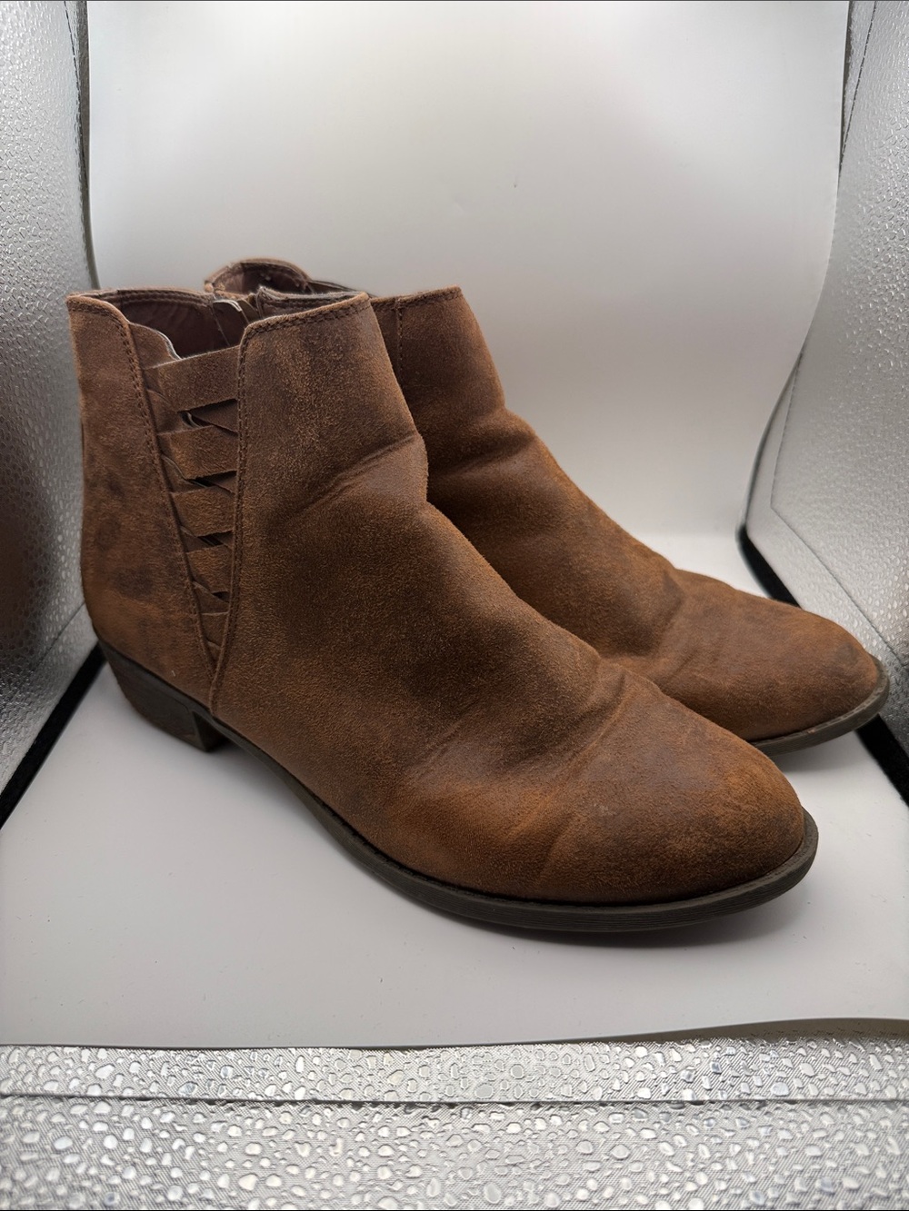 Carlos by Carlos Santana Brown Suede Ankle Booties with Side Lattice